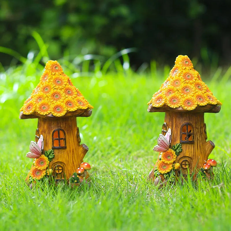 Resin solar lamp decoration tree house hand-painted cartoon pastoral style for outdoor garden lawn