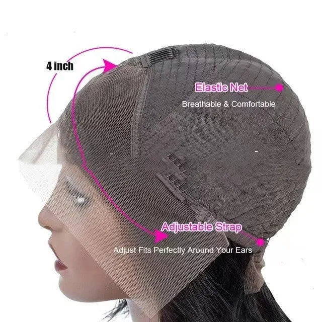 Real human hair lace front headgear for women in a long, straight style with a 4x4 lace front.