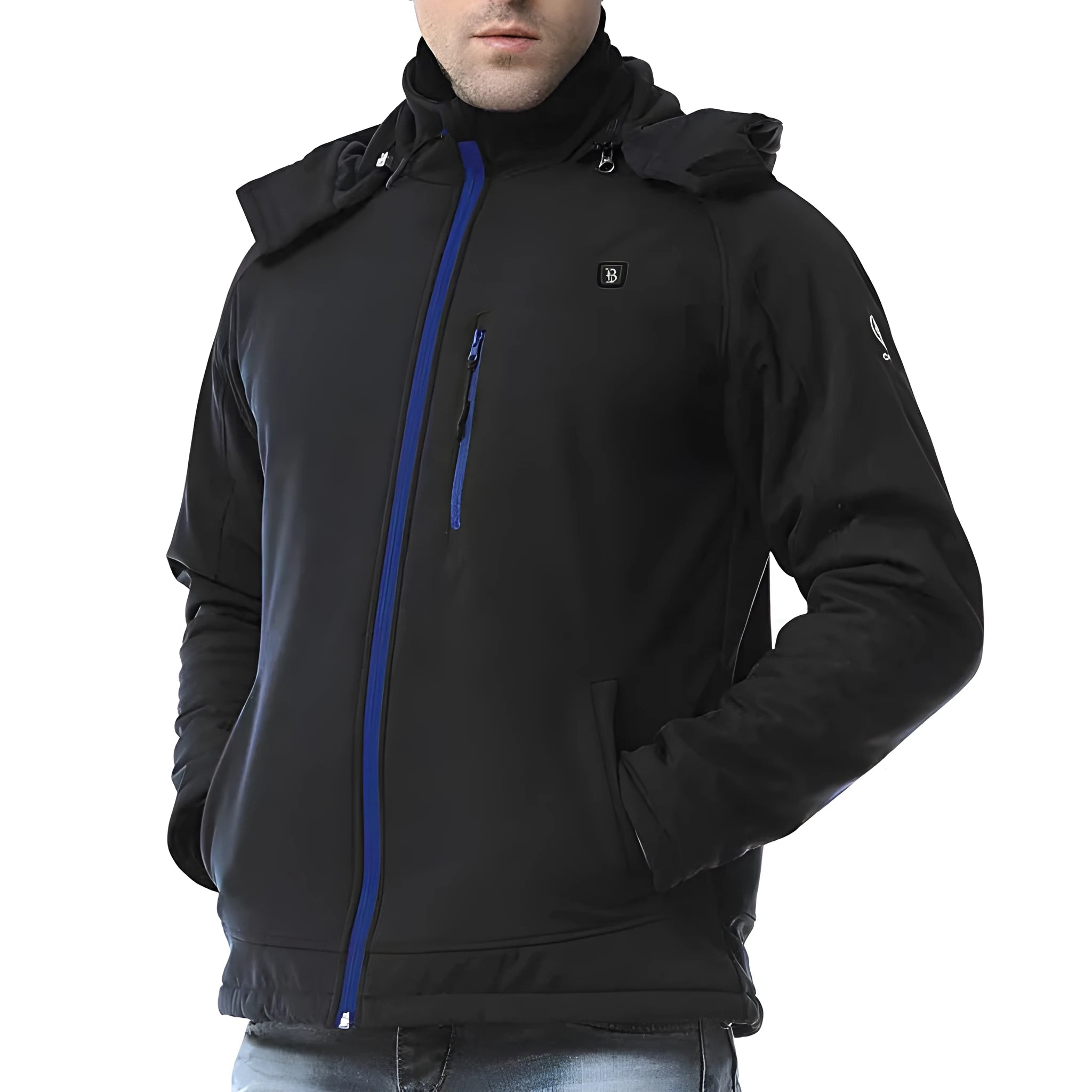 Black men's waterproof windproof thermal winter coat with zipper pockets.