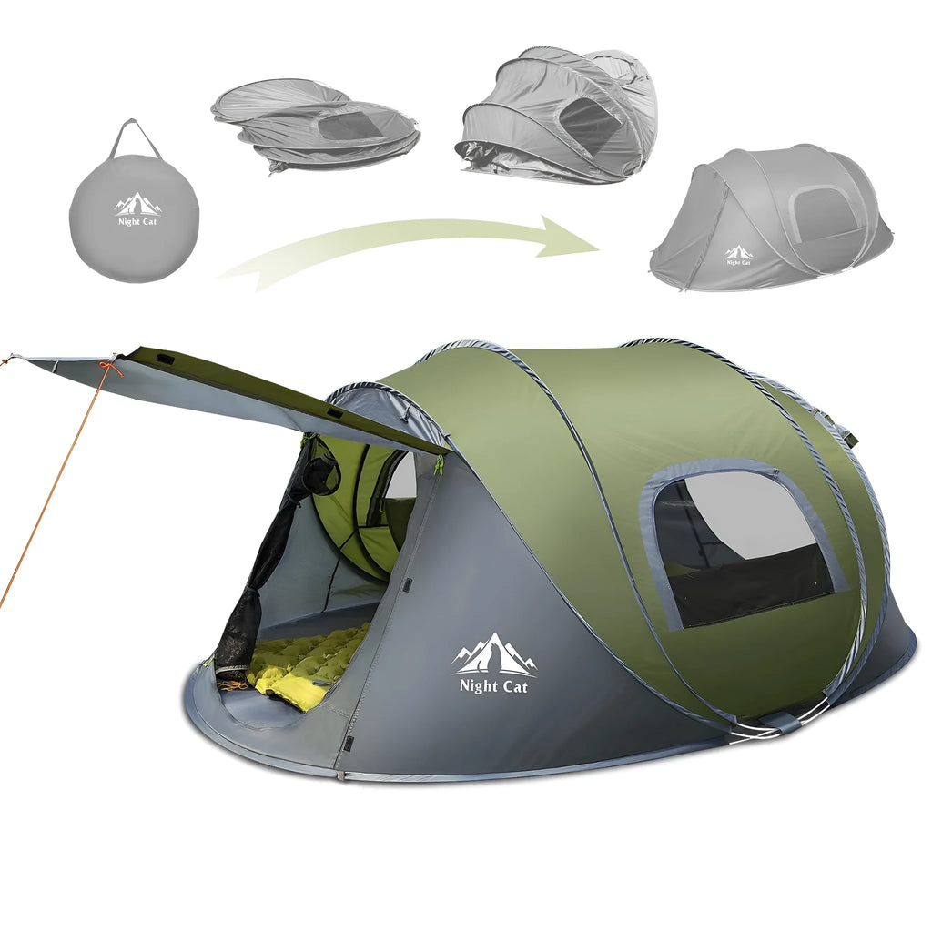 Dark green two-person pop-up camping tent with waterproof construction