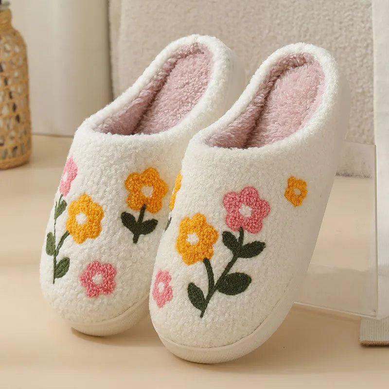 Women's warm cotton slippers with embroidered flower design in plum blossom colour