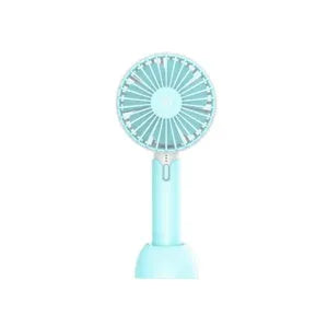 Blue handheld mini USB electric fan with three speed buttons and a shaking head.