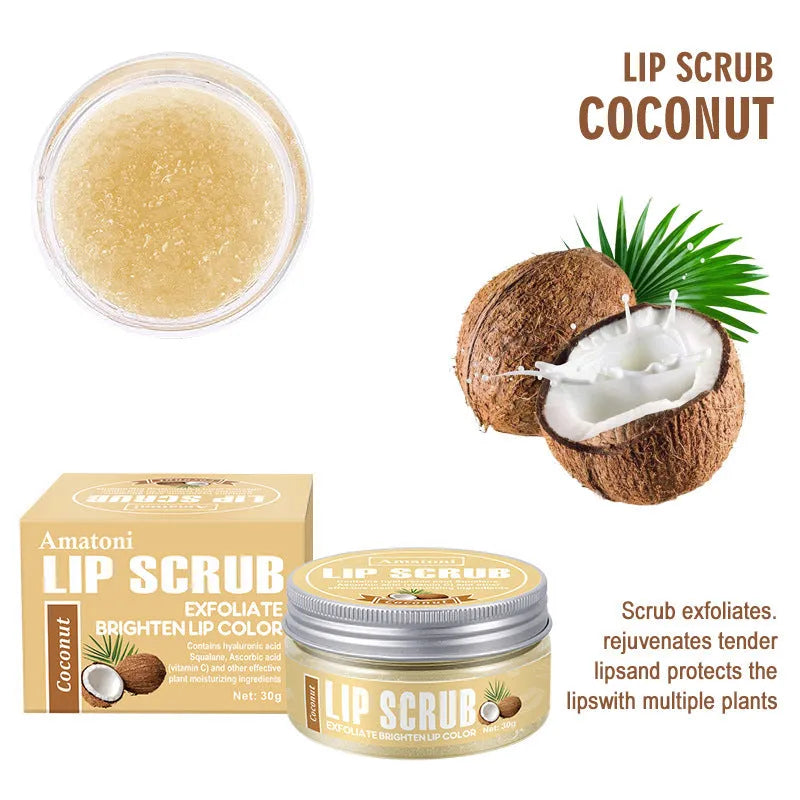 Amatoni Lip Scrub jar in 30g size with Coconut, Raspberry, Vanilla, or Watermelon flavour options.