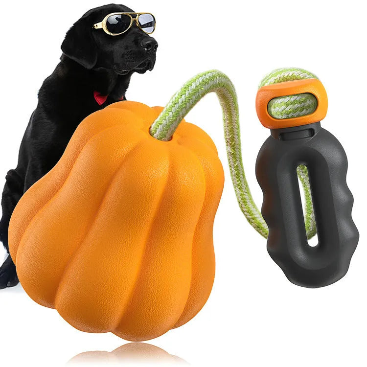 Pumpkin orange plastic dog toy with rope handle and molar-textured chewing surface