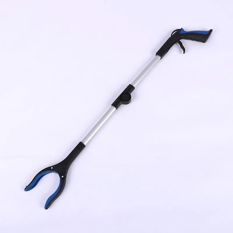 Foldable aluminium litter picker tool with magnet sucker, shown extended and with a blue handle.