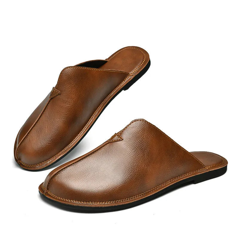 Men's retro flat beach slippers in brown with rubber sole and viscose craft, size 38-47