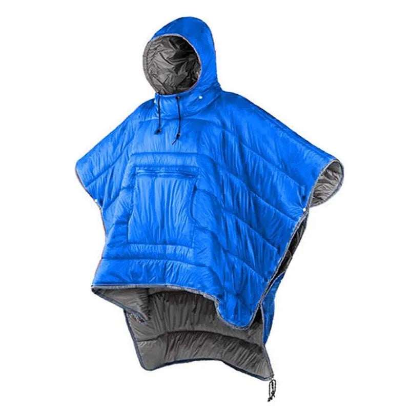 Outdoor cloak sleeping bag shown as wearable cape and as traditional sleeping bag