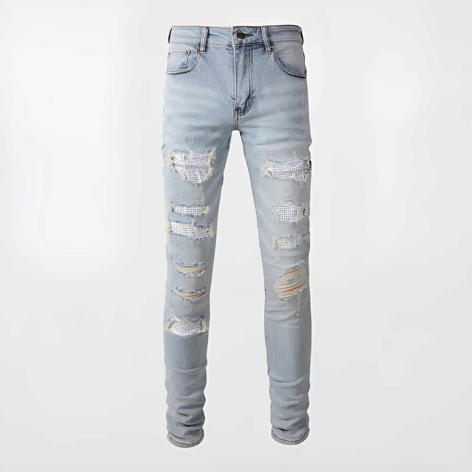 Light blue men's elastic slim fit jeans with hot diamond patch and whisker scrape detailing