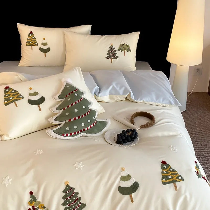 Pure cotton four-piece bedding set with embroidered Christmas tree and towel pattern in cream blue or green.