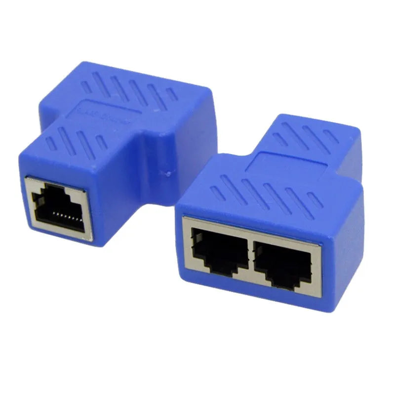 White RJ45 network cable splitter showing one male plug and two female Ethernet ports.
