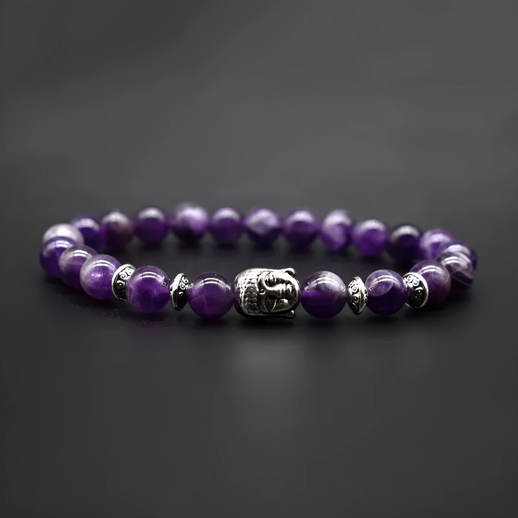 Bracelet with 19mm Buddha head beads in five stone options including amethyst and tiger eye