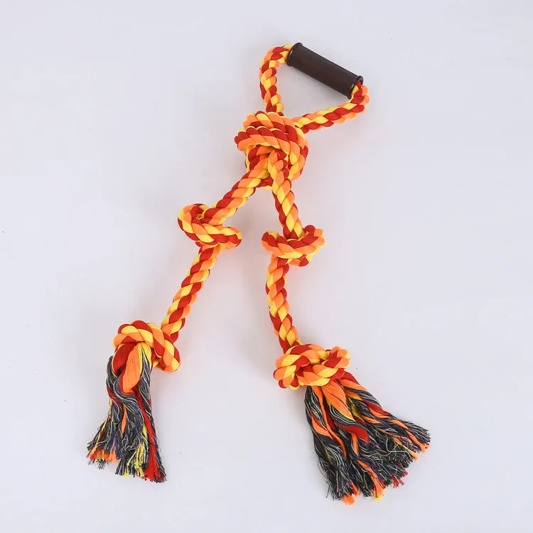 Blue and yellow cotton rope dog tug toy for large breed aggressive chewers with ergonomic handle
