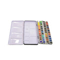Tinplate metal watercolour paint box for solid pigments in three folding sizes.