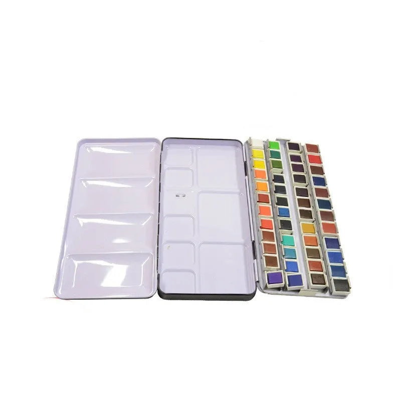 Tinplate metal watercolour paint box for solid pigments in three folding sizes.
