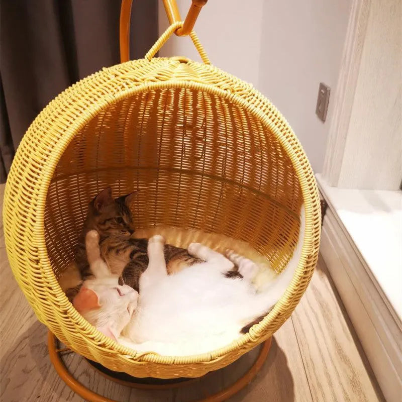 Beige rattan hanging cat basket with orange mat, ball diameter 42 cm, for large cats up to 16 kg