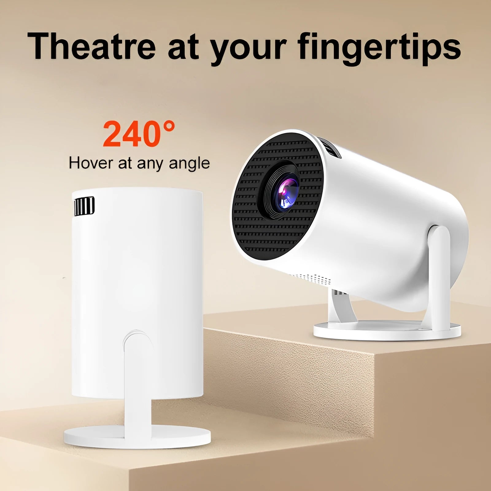 White mini wireless HD portable projector showing front projection lens and wireless connectivity capability