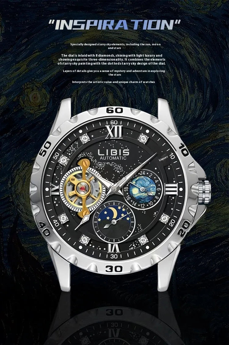Men's silver automatic mechanical watch with black steel belt, 12mm case, and luminous starry dial
