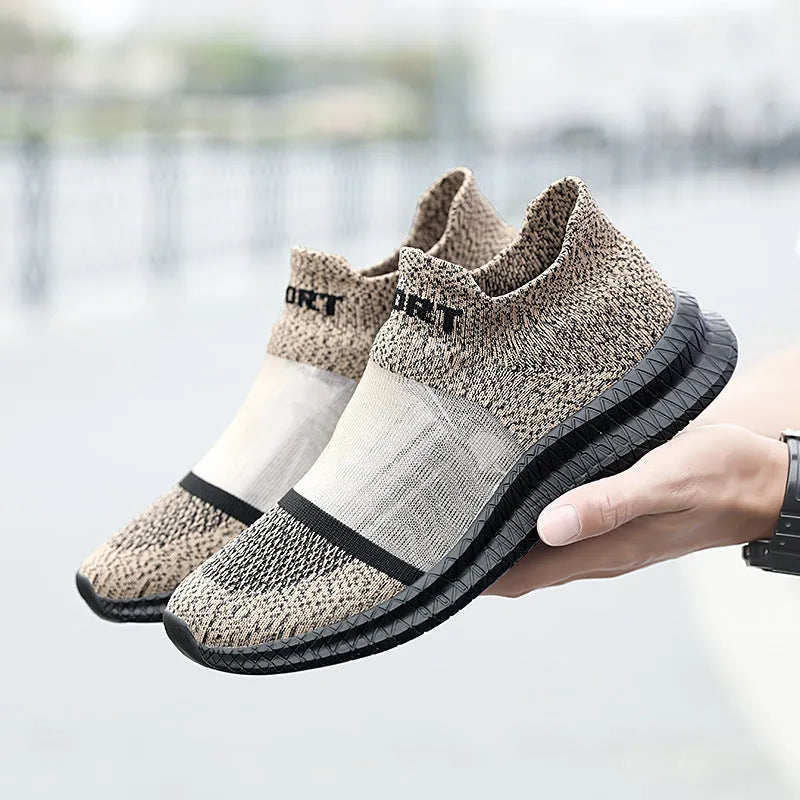 Flyknit casual sock shoes in khaki colour with lace closure and round toe design