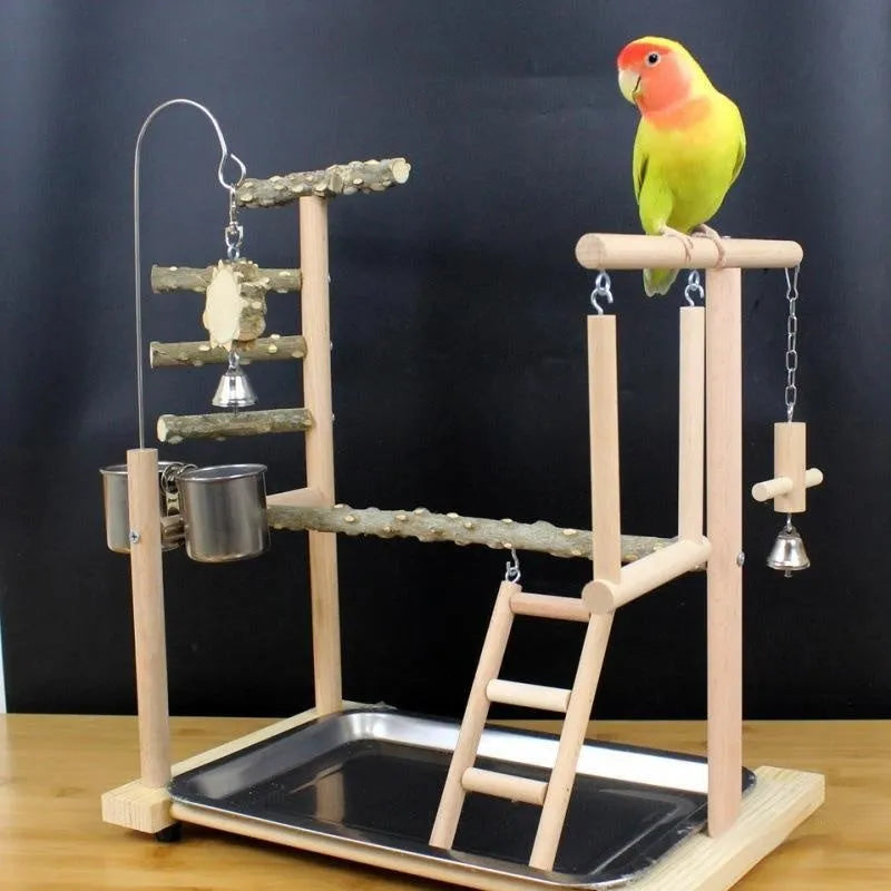 Pepper wood parrot toy stand with a textured bird perch and flat platform for small parrots.