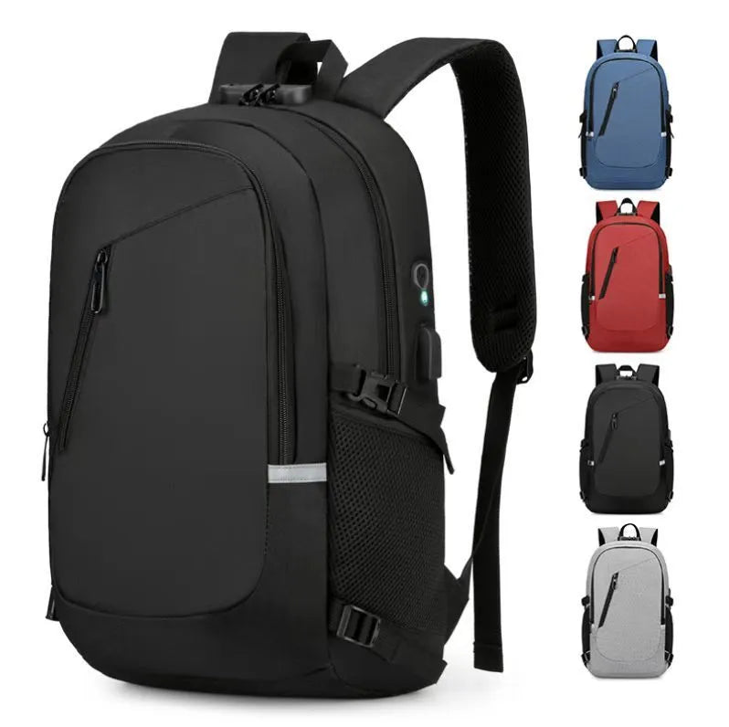 Oxford cloth casual backpack in blue, open to show interior, with a laptop inside.