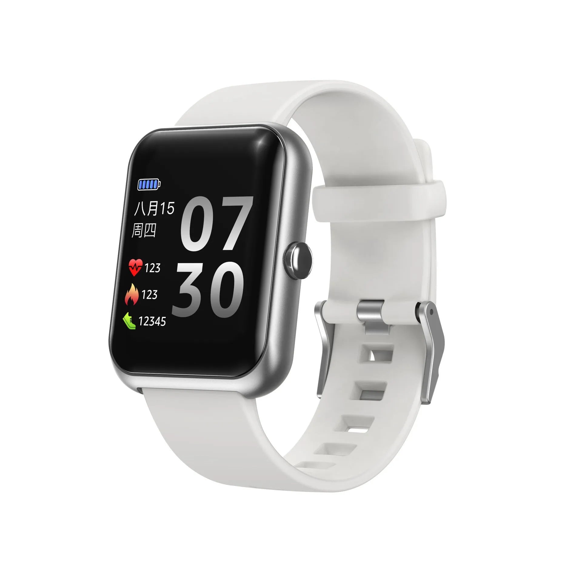 Square smart watch with silicone strap on wrist showing Bluetooth connectivity and aluminium case