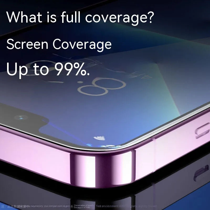 iPhone tempered glass screen protector with privacy film over earpiece, showing frosted anti-fingerprint surface.
