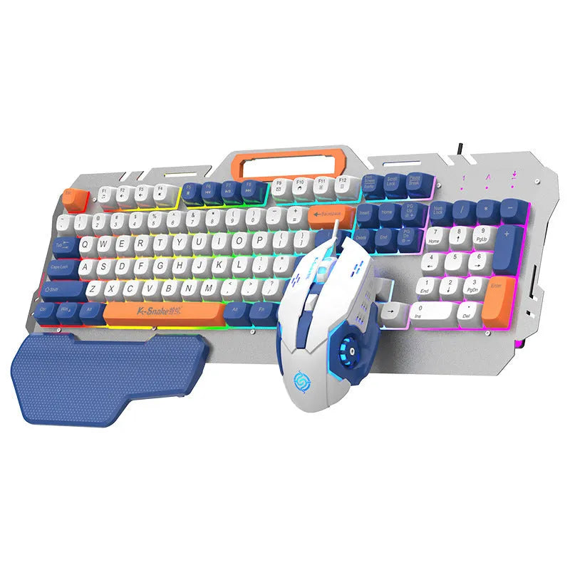 Blue wired gaming keyboard and mouse set with backlighting on desk