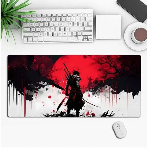 Large black gaming mouse pad with an anime character print, lying flat on a wooden desk.
