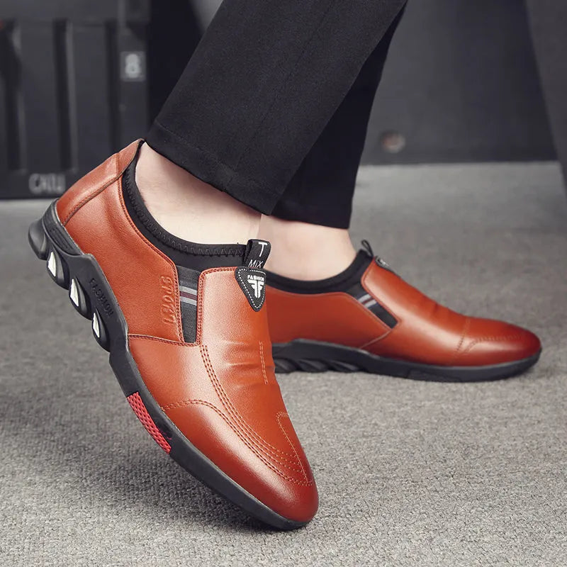 Men's black and brown leather-style business shoes with plain toe and flat heel.