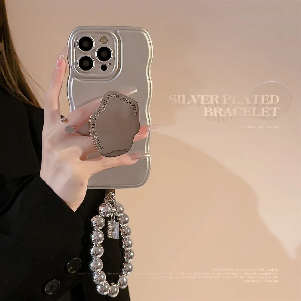 Niche metal silver electroplating bracket phone case for Apple iPhone with lanyard holder and hand bead, geometric art style