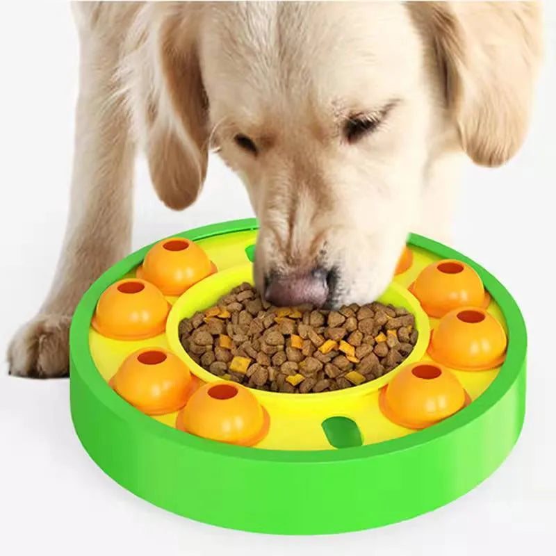 Interactive dog puzzle slow feeder toy with spinning turntable and non-slip base in lake blue colour