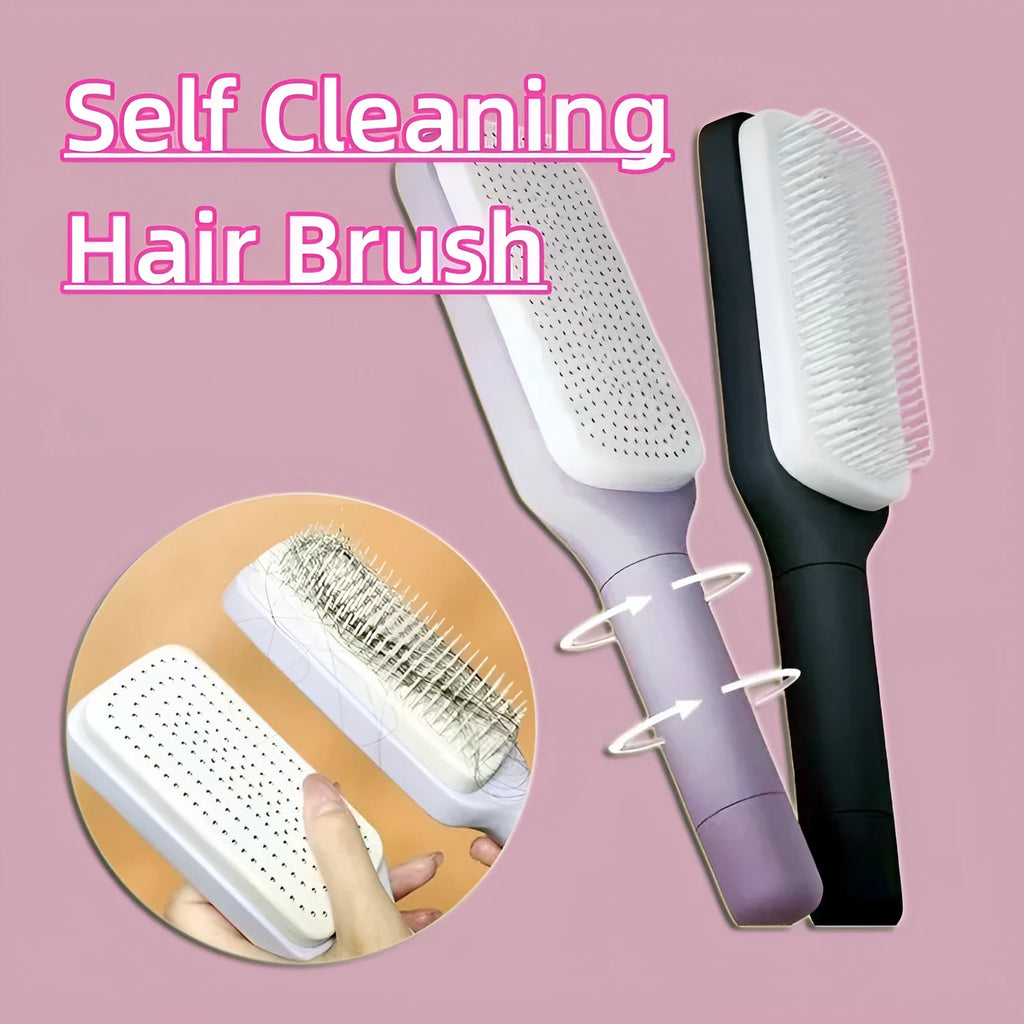 Roland purple self-cleaning hair brush with rotating handle for easy hair removal.