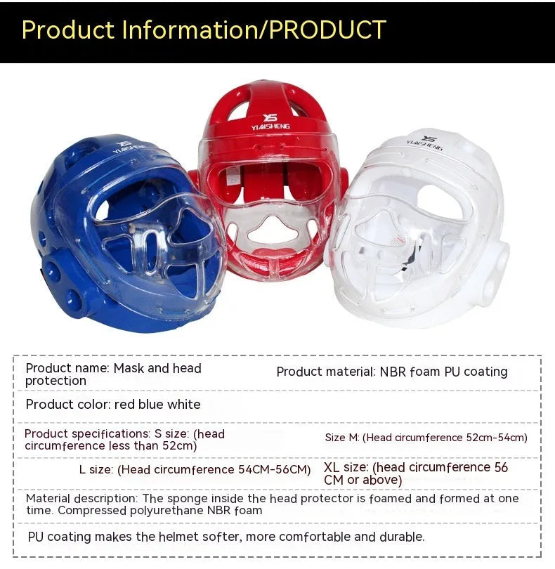 Karate helmet protective equipment for boxing training in white, blue, and red colours with multiple size options