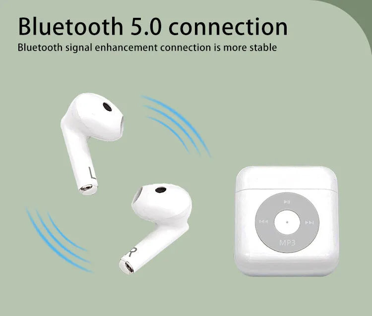 White wireless Bluetooth earphones with semi-in-ear design and a matching charging case.