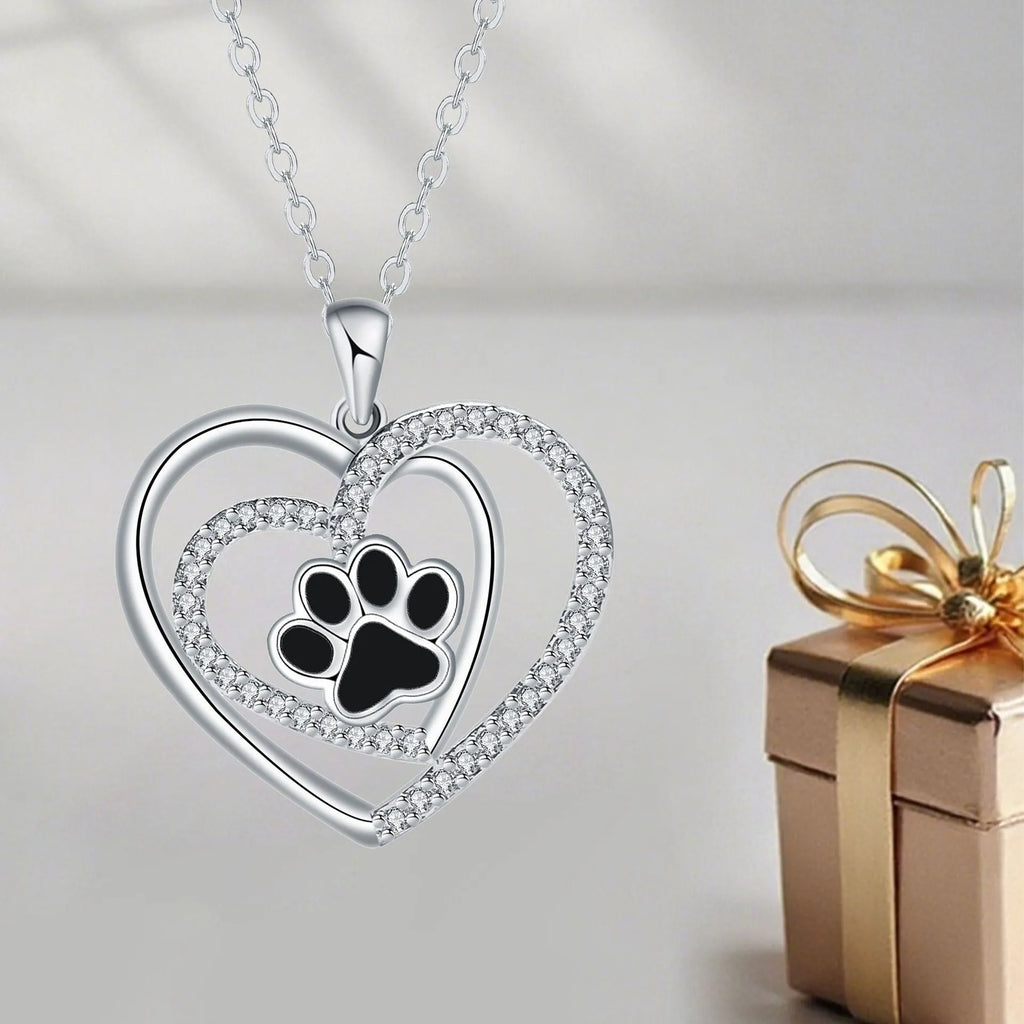 Women's copper dog paw footprints necklace with heart pendant and cross chain