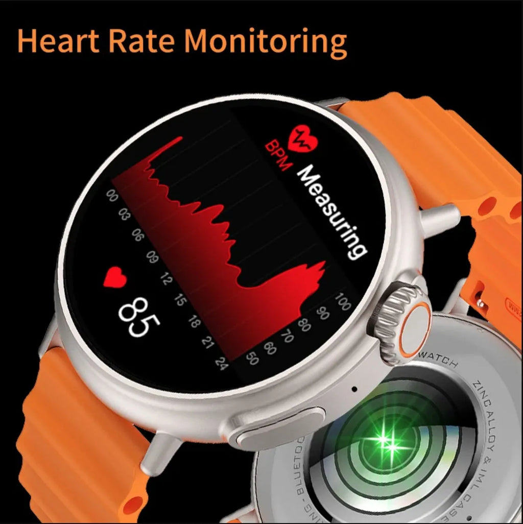 Smart watch with 1.6 inch AMOLED round screen, titanium alloy case, silicone strap, and health sensors
