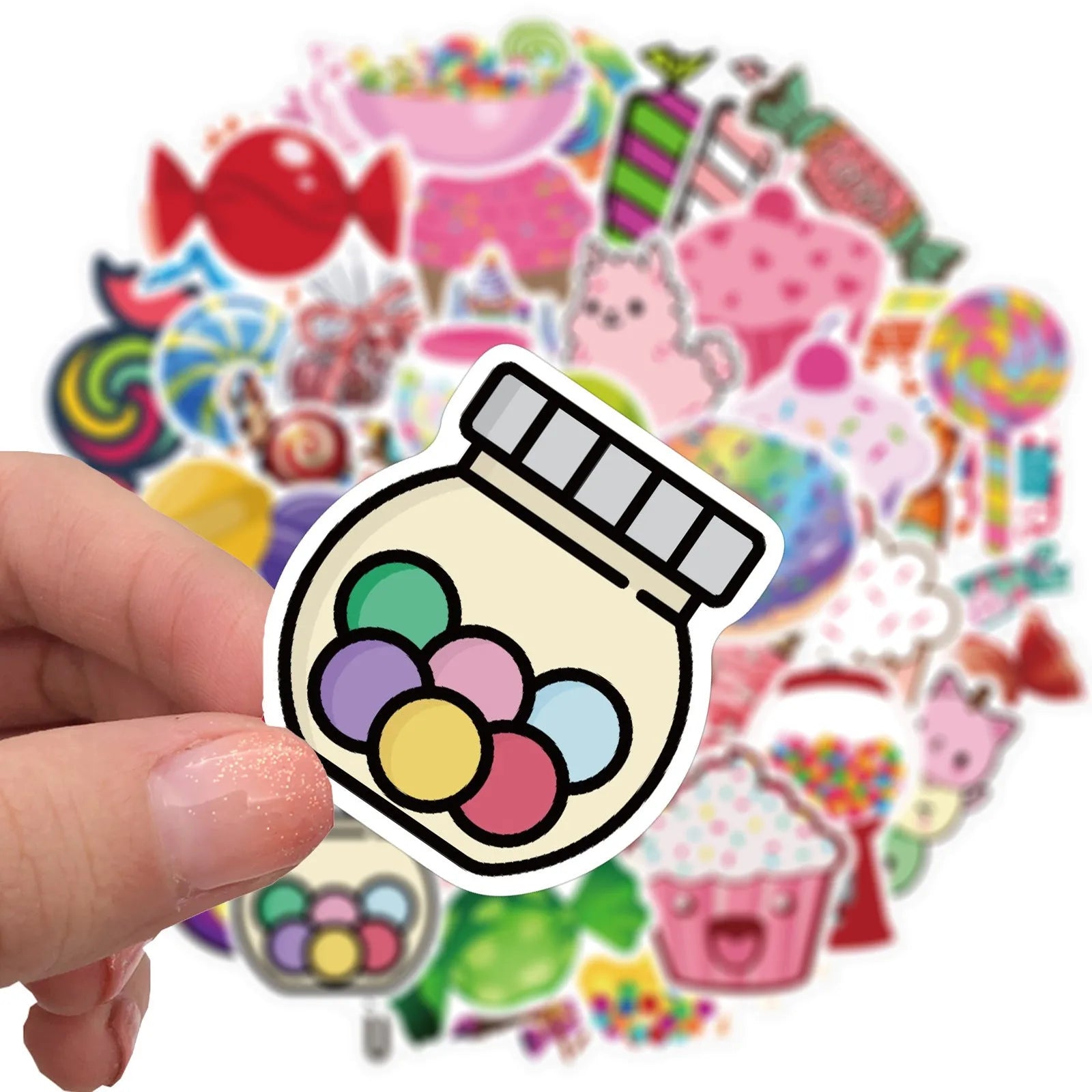 Pack of 50 colourful Candy series graffiti and cartoon vinyl stickers, each 4-6 cm long.