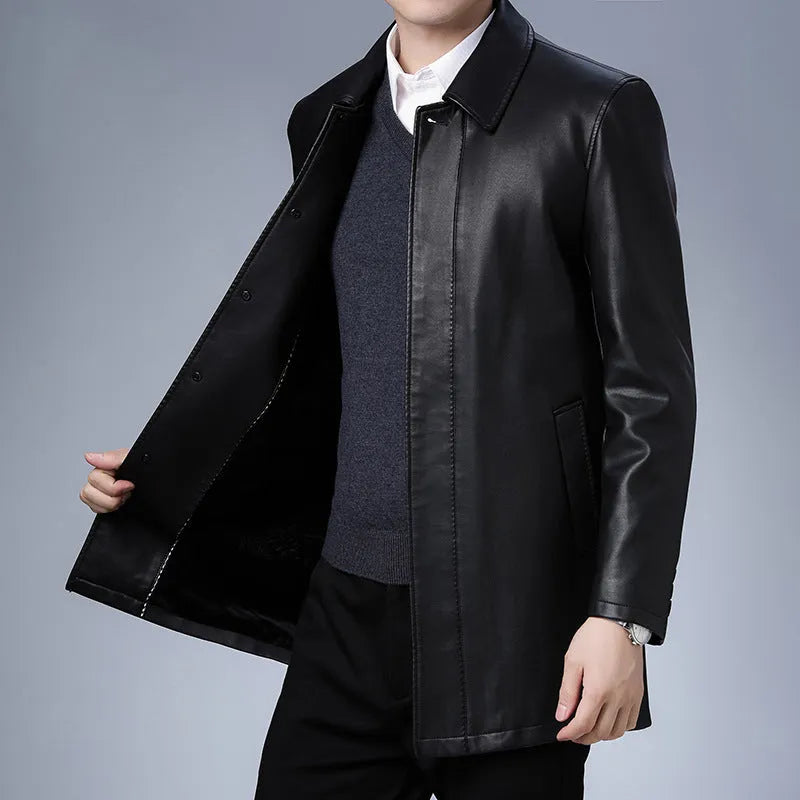 Men's black PU leather lapel coat with fleece padding, medium length 65cm, on display