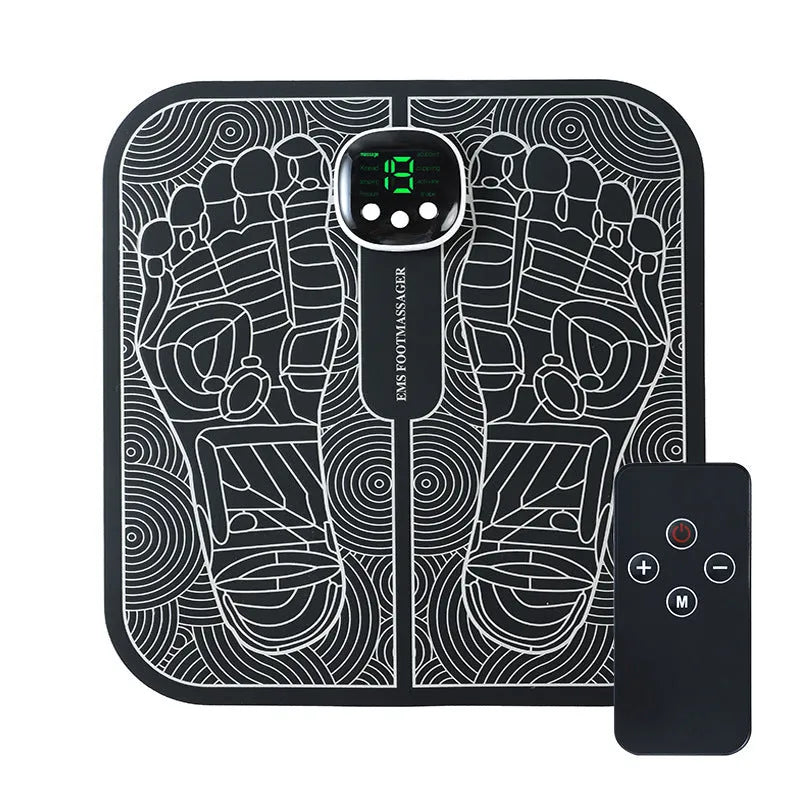 Blue rechargeable foot reflexology massager mat with remote control on a wooden floor.