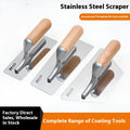Stainless steel cement scraper with a wooden handle for applying putty to walls and floors.