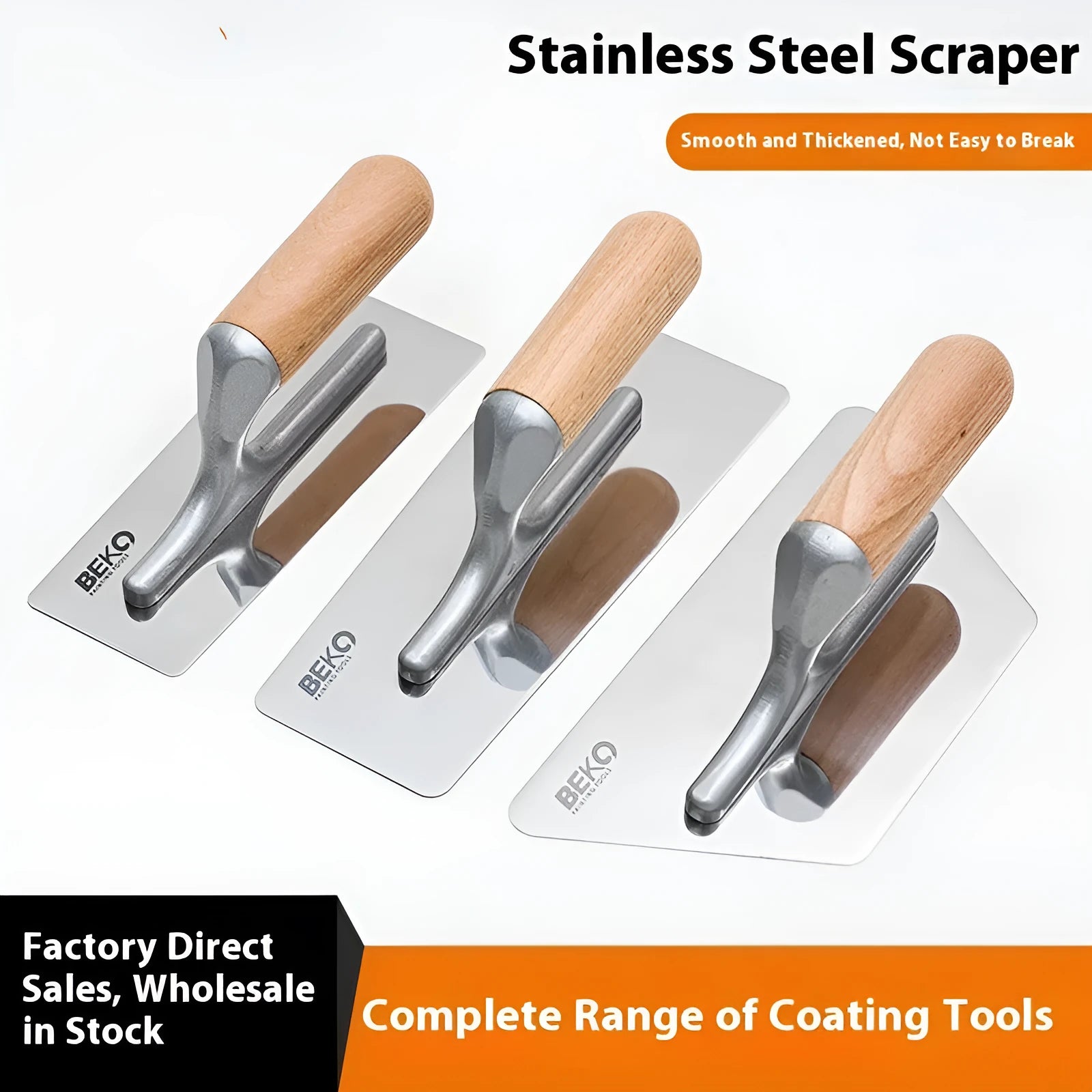 Stainless steel cement scraper with a wooden handle for applying putty to walls and floors.