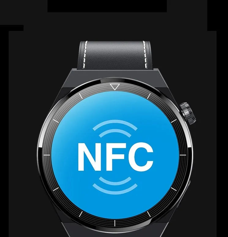 Round Android smart watch with black silicone strap showing NFC and Bluetooth calling features on its screen.
