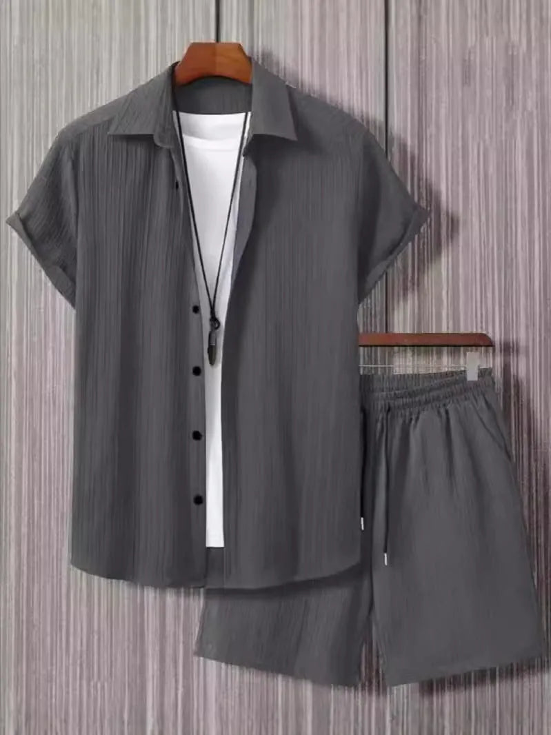 Men's jacquard black and white short sleeve suit set with matching shorts in chemical fibre blend fabric
