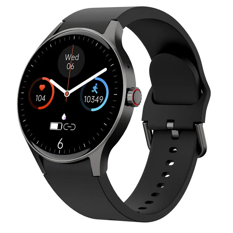 Black unisex smart sport watch with a round screen on a wrist, showing a watch face.