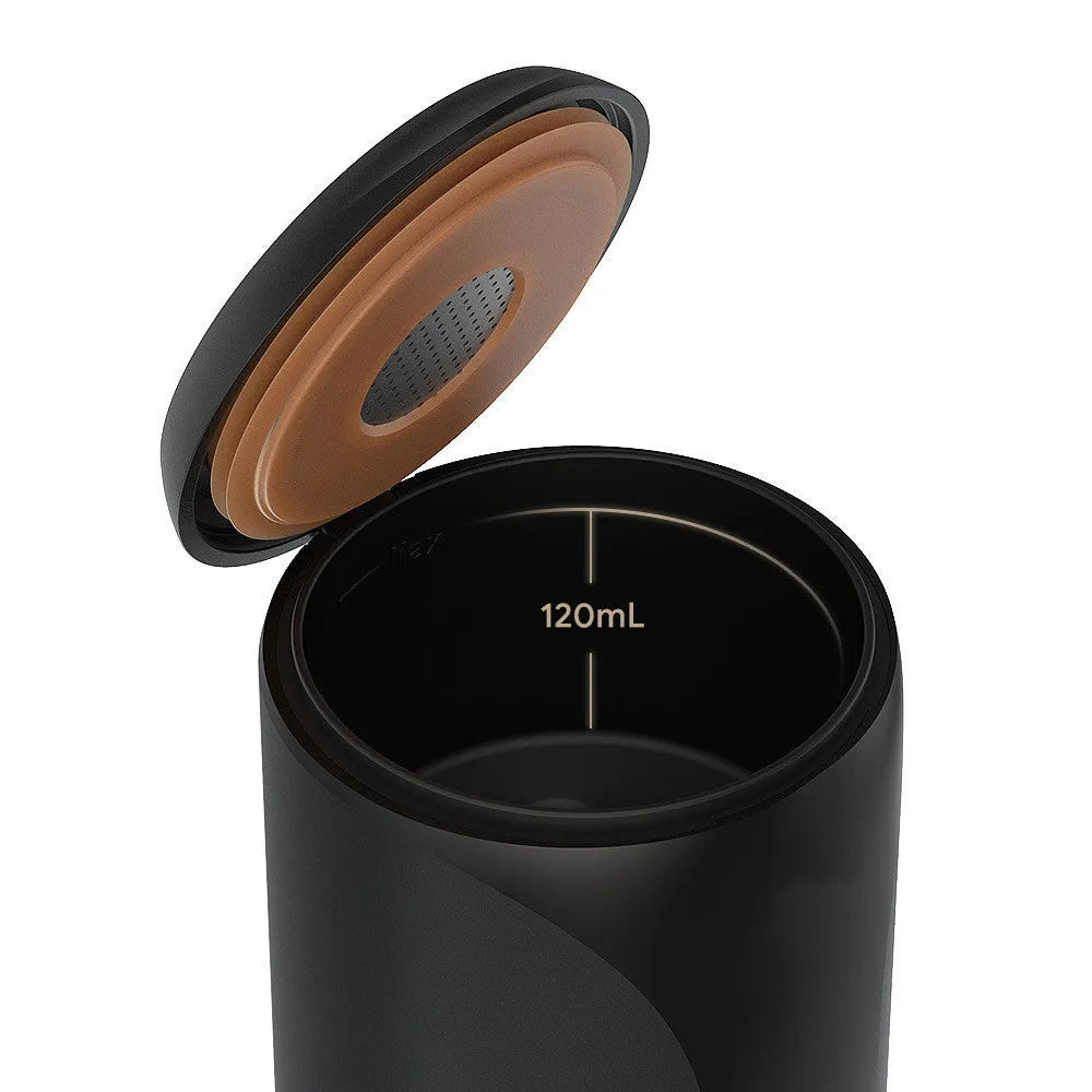 Portable camping coffee maker with plastic body, 75mm x 228mm, showing double mode for ground coffee and capsule holders
