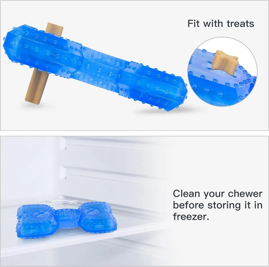 Freezable dog chew toy in bone and circle shapes with a treat slot, shown frozen.