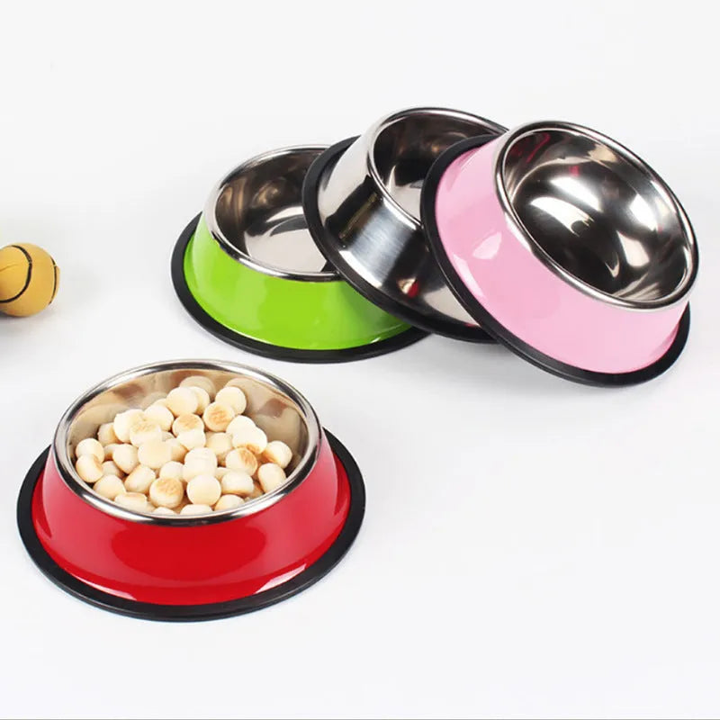 Dual-part stainless steel and melamine pet bowl with non-slip silicone base in assorted colours