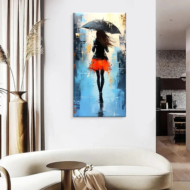 Hand painted abstract oil painting of people walking in rain on canvas, living room wall art, no frame, vertical size