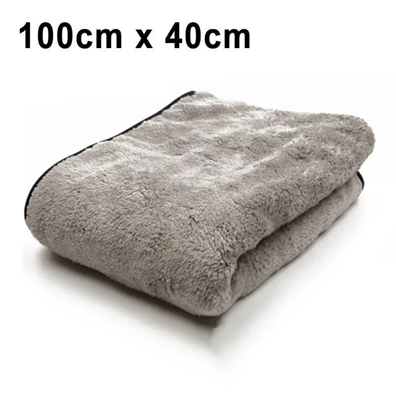 Microfiber car wash towel shown in three size options: 75cm by 35cm, 60cm by 40cm, and 100cm by 40cm.