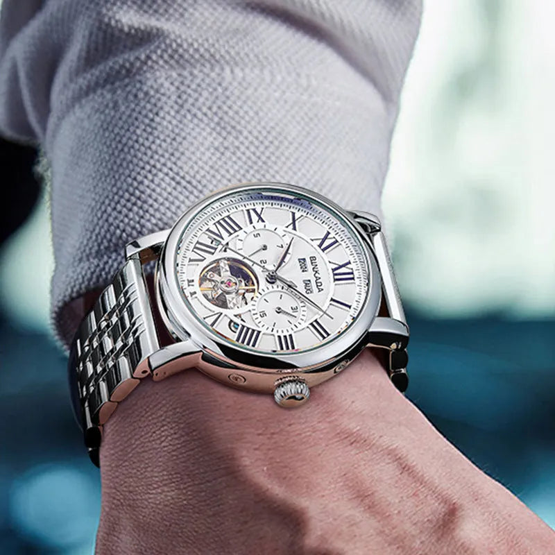 Multifunctional mechanical men's automatic waterproof watch with steel strip black bracelet